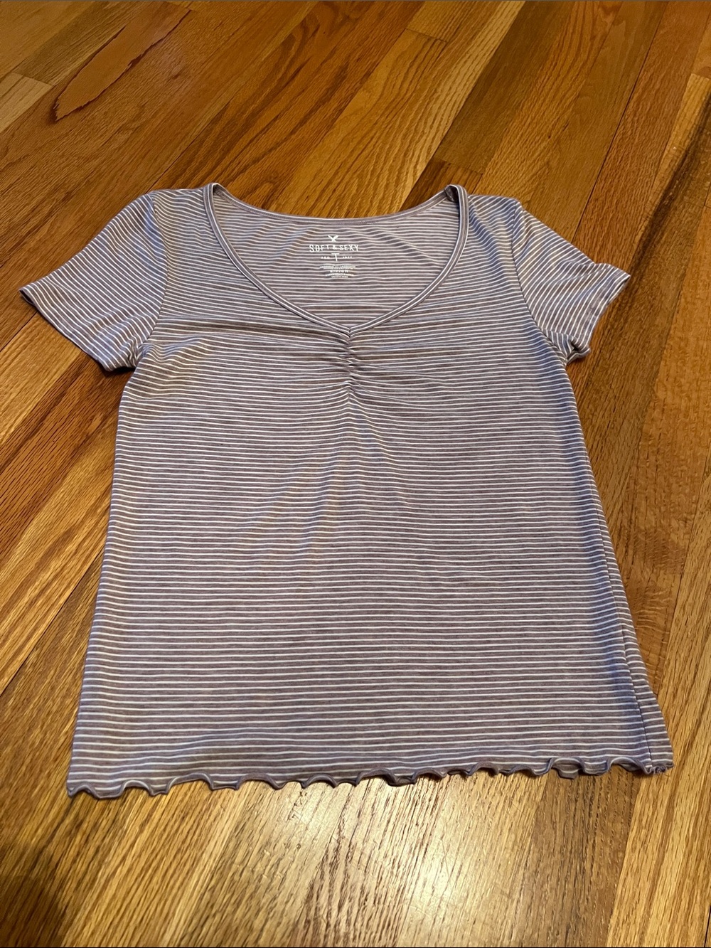 American Eagle Outfitters Lavender & White Striped Scoop Neck Short Sleeve Tee